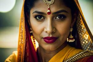en skön indisk kvinna bär en traditionell sari. ai-genererad foto