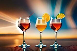 tre glasögon av vin med en solnedgång i de bakgrund. ai-genererad foto
