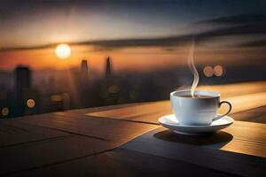 en kopp av kaffe på en trä- tabell med en stad i de bakgrund. ai-genererad foto