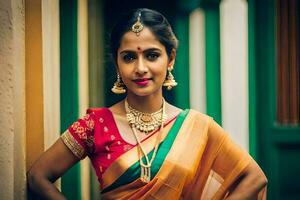 en skön indisk kvinna i en traditionell sari. ai-genererad foto