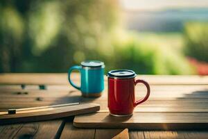 två kaffe muggar på en trä- tabell. ai-genererad foto