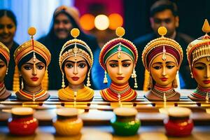 indisk kvinnor bär färgrik huvudbonader och Smycken. ai-genererad foto