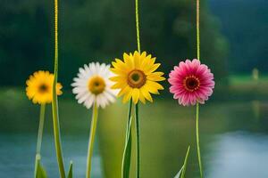 fyra annorlunda färgad blommor är stående i främre av en sjö. ai-genererad foto