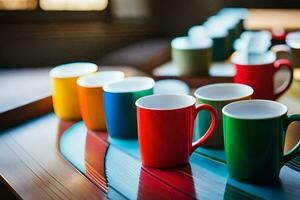 färgrik kaffe koppar fodrad upp på en tabell. ai-genererad foto