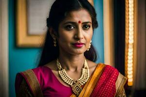en kvinna i en rosa sari och guld Smycken. ai-genererad foto