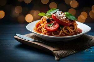 spaghetti med tomat och basilika på en tallrik. ai-genererad foto