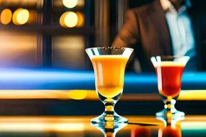 två glasögon av alkohol på en bar disken. ai-genererad foto