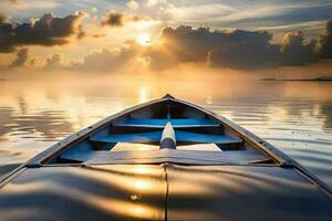 en båt är flytande i de vatten på solnedgång. ai-genererad foto