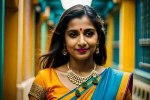 en skön kvinna i en sari med en halsband och örhängen. ai-genererad foto