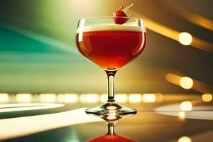 en röd cocktail med en jordgubb på topp. ai-genererad foto