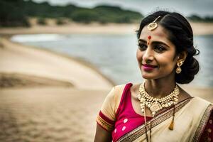 en skön indisk kvinna i en sari poser för de kamera. ai-genererad foto