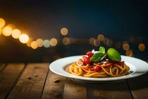 spaghetti med tomat sås och basilika löv på en tallrik. ai-genererad foto