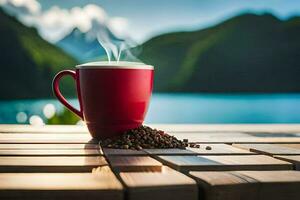 kaffe på de tabell med bergen i de bakgrund. ai-genererad foto