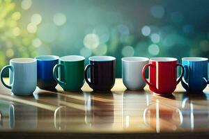 en rad av färgrik kaffe koppar på en tabell. ai-genererad foto
