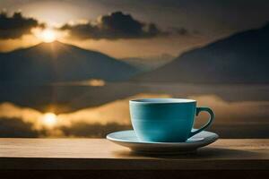 en kopp av kaffe på en trä- tabell i främre av en sjö med bergen i de bakgrund. ai-genererad foto