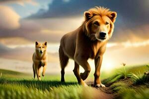 två lejon gående i de gräs. ai-genererad foto