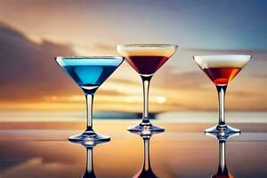 tre Martini glasögon med annorlunda färger på en tabell. ai-genererad foto