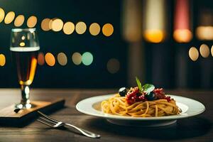 spaghetti med tomat sås och ost på en tallrik. ai-genererad foto