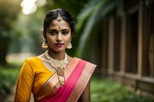 en skön kvinna i en traditionell sari. ai-genererad foto