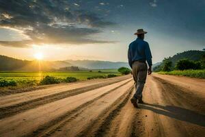 en man gående ner en smuts väg på solnedgång. ai-genererad foto
