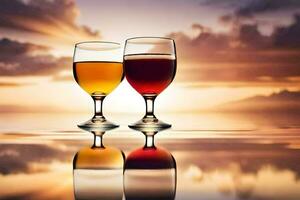 två glasögon av vin på de vatten med solnedgång i de bakgrund. ai-genererad foto