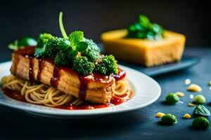 en tallrik av spaghetti med kött och broccoli. ai-genererad foto