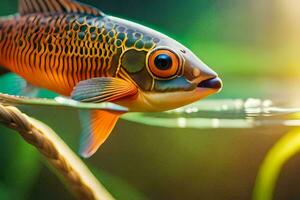 en fisk med ljus orange ögon är simning i de vatten. ai-genererad foto