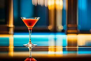en cocktail i en glas på en tabell i främre av en fönster. ai-genererad foto