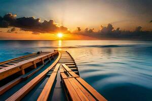 en trä- docka i de hav på solnedgång. ai-genererad foto