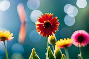 färgrik blommor är i främre av en ljus bakgrund. ai-genererad foto