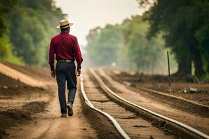 en man i en hatt och röd skjorta gående ner en järnväg Spår. ai-genererad foto