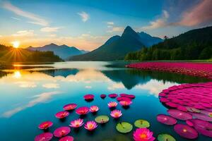 de skön landskap av de sjö med rosa lotus blommor och bergen i de bakgrund. ai-genererad foto