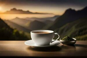 en kopp av te på en tabell i de berg. ai-genererad foto
