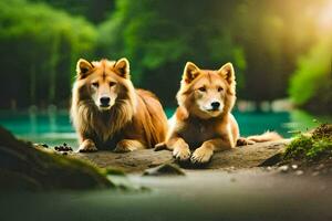 två hundar Sammanträde på en logga nära en flod. ai-genererad foto