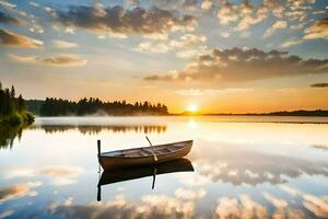 en båt är flytande på en lugna sjö på solnedgång. ai-genererad foto