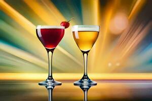 två glasögon av alkohol med en körsbär på topp. ai-genererad foto