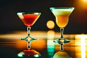 två glasögon av cocktails på en tabell. ai-genererad foto