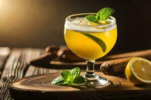 en glas av citronsaft med mynta löv och en skiva av citron. ai-genererad foto