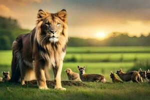 en lejon och hans ungar i en fält. ai-genererad foto