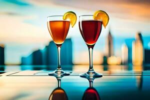 två glasögon av vin med en skiva av orange på de fälg. ai-genererad foto