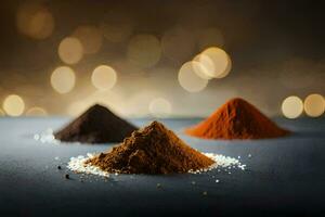 tre annorlunda typer av kryddor på en tabell. ai-genererad foto
