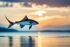 en fisk är flygande över de vatten på solnedgång. ai-genererad foto