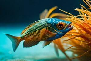 en fisk med ljus blå ögon och en gul kropp. ai-genererad foto