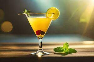 cocktail med citron, mynta och kalk på en trä- tabell. ai-genererad foto