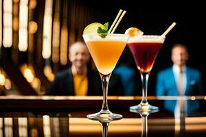 två cocktails sitta på en bar med en man Bakom dem. ai-genererad foto