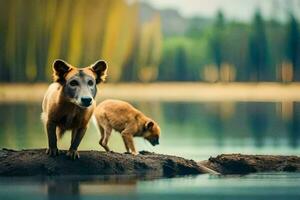 två hundar stående på en logga nära en sjö. ai-genererad foto