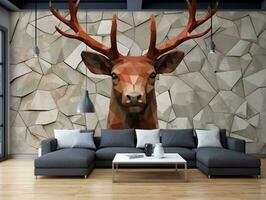 3d modern interiör levande rum med stereo rådjur djur- och abstrakt geometrisk spricka sten generativ ai foto