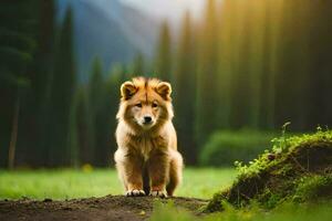 en hund stående på en smuts väg i de mitten av en skog. ai-genererad foto