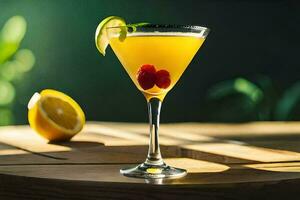en cocktail med citron, hallon och en kalk garnering. ai-genererad foto
