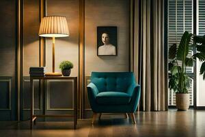en blå stol och lampa i en rum. ai-genererad foto